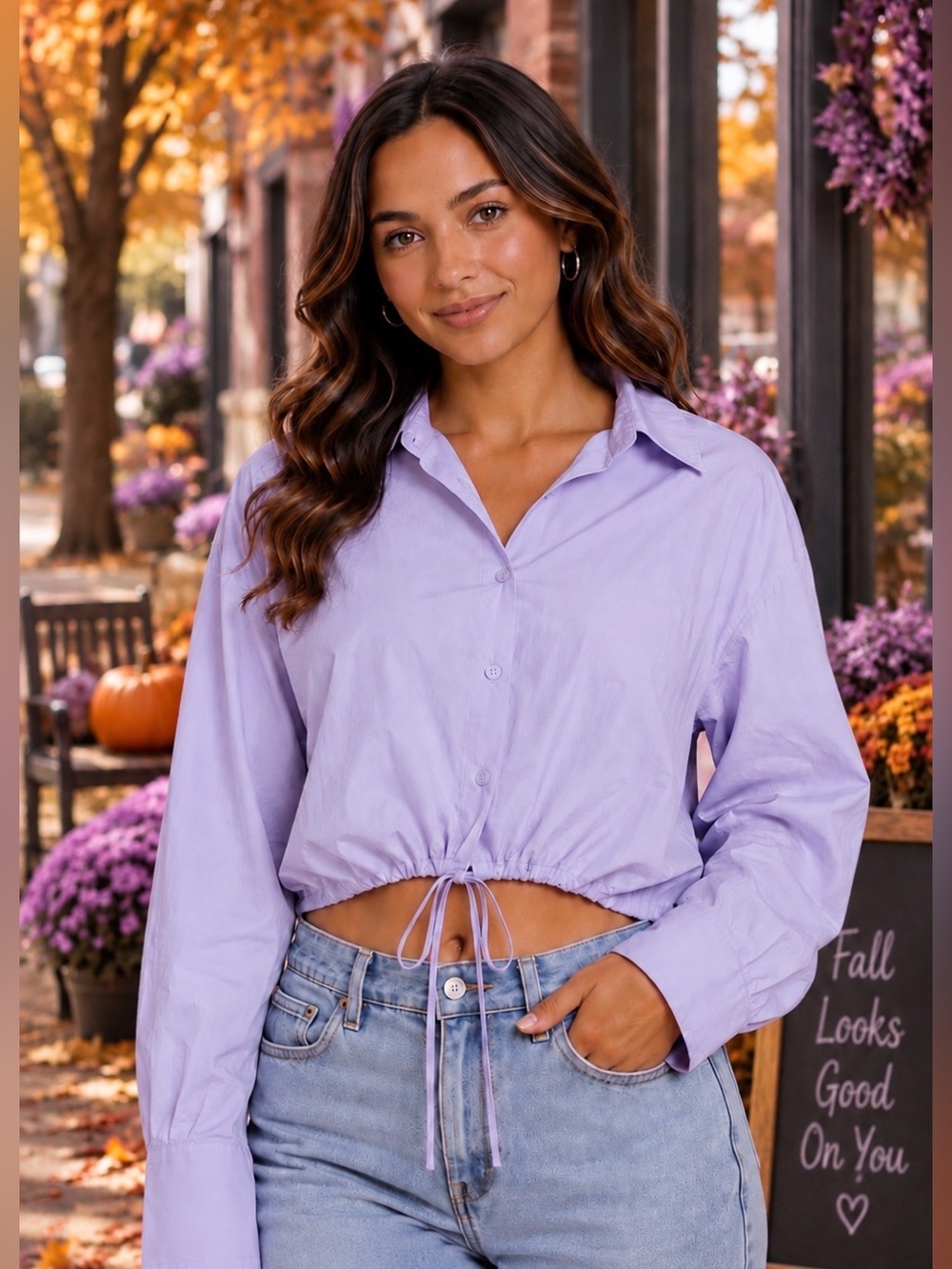 🛍️ 18 CENTIMETERS lavender Drawstring Cropped Button-Down Shirt size medium